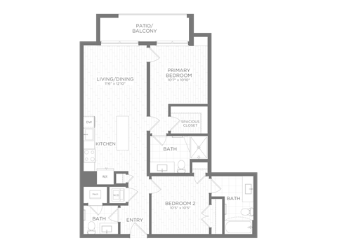 Floor plan for 2 beds, 2.5 baths, 858 sqft